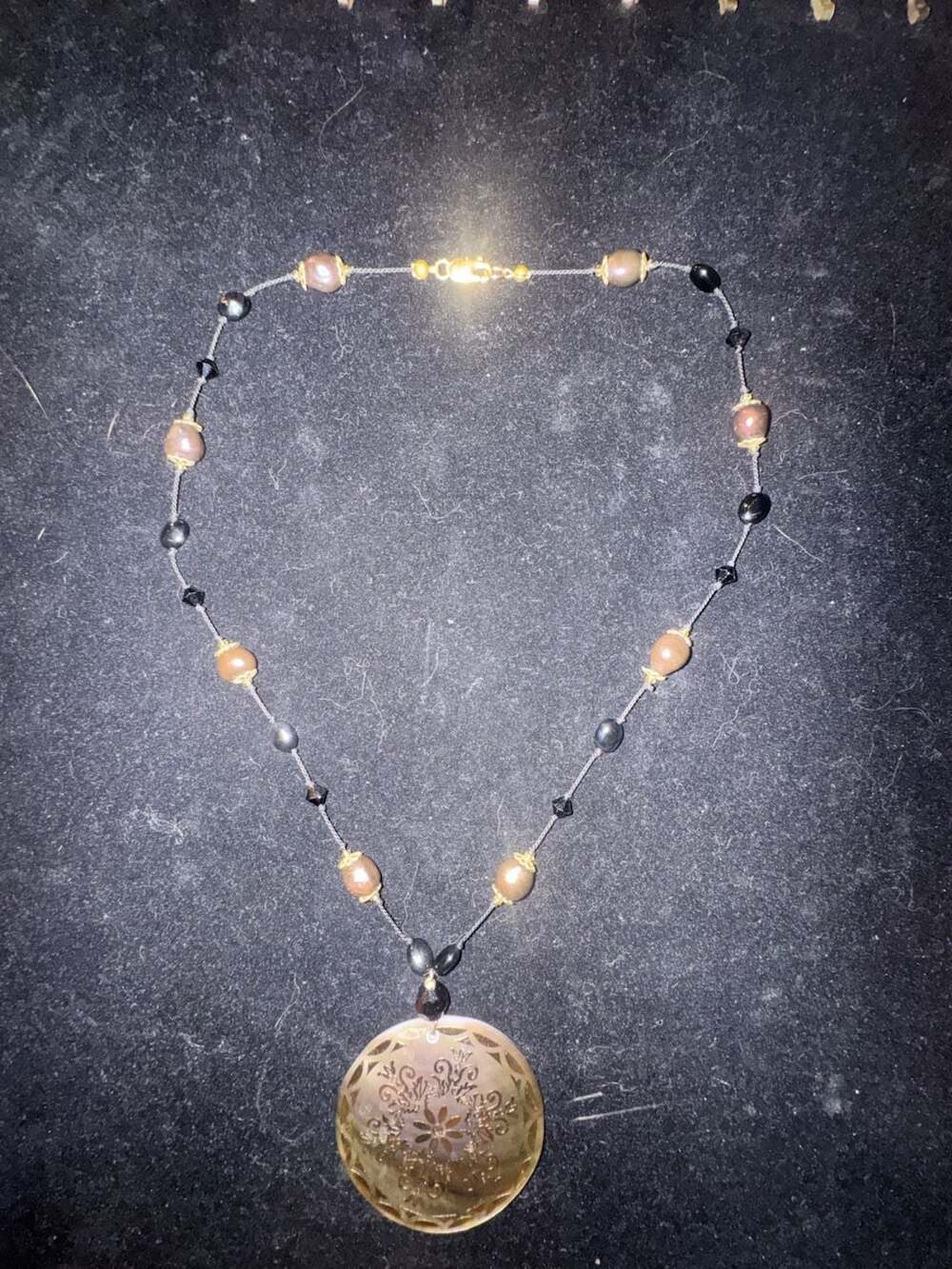 Mother of Pearl Floral Engraved Pendant Necklace with Glass and Pearl Beaded